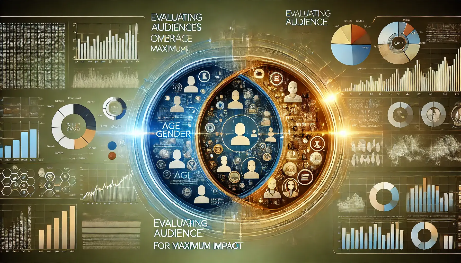 Image showing overlapping Venn diagrams with audience demographics and a digital dashboard with analytics charts in the background.