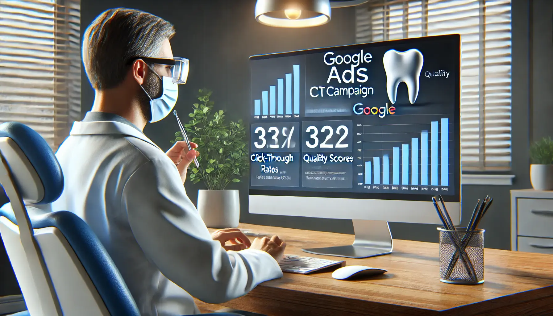 A dentist reviewing Google Ads performance data, focusing on click-through rates (CTR) and quality scores in a modern office.