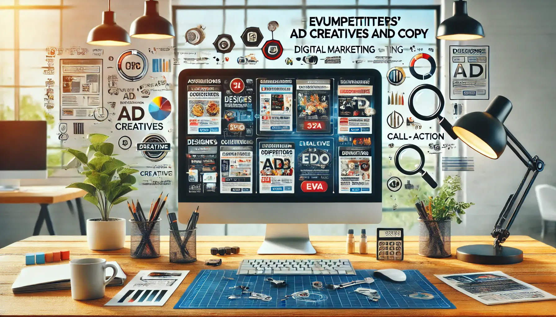 A modern workspace featuring a computer screen with ad design examples, including visuals like headlines and call-to-action buttons, surrounded by icons representing creativity and analysis.