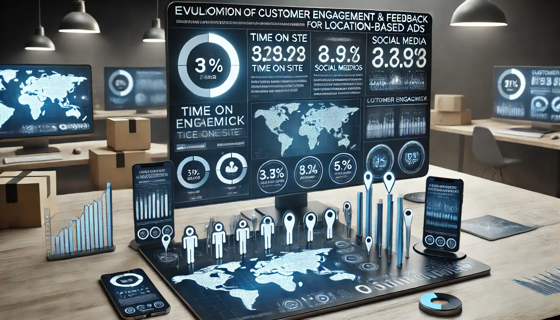 A digital dashboard displaying customer engagement metrics such as time on site, social media interactions, and feedback surveys, with devices showing user engagement data.