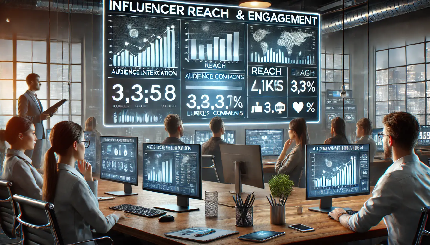 A digital marketing team analyzing influencer engagement data on a large screen, showing metrics like likes, comments, and shares.