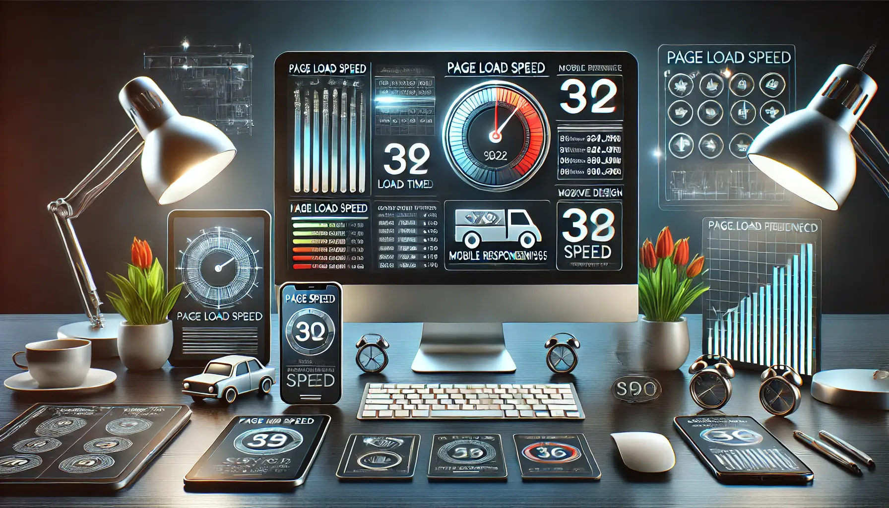 A modern workspace showing a computer screen with performance metrics like load time graphs and mobile responsiveness tests, surrounded by smartphones, tablets, and responsive design icons.