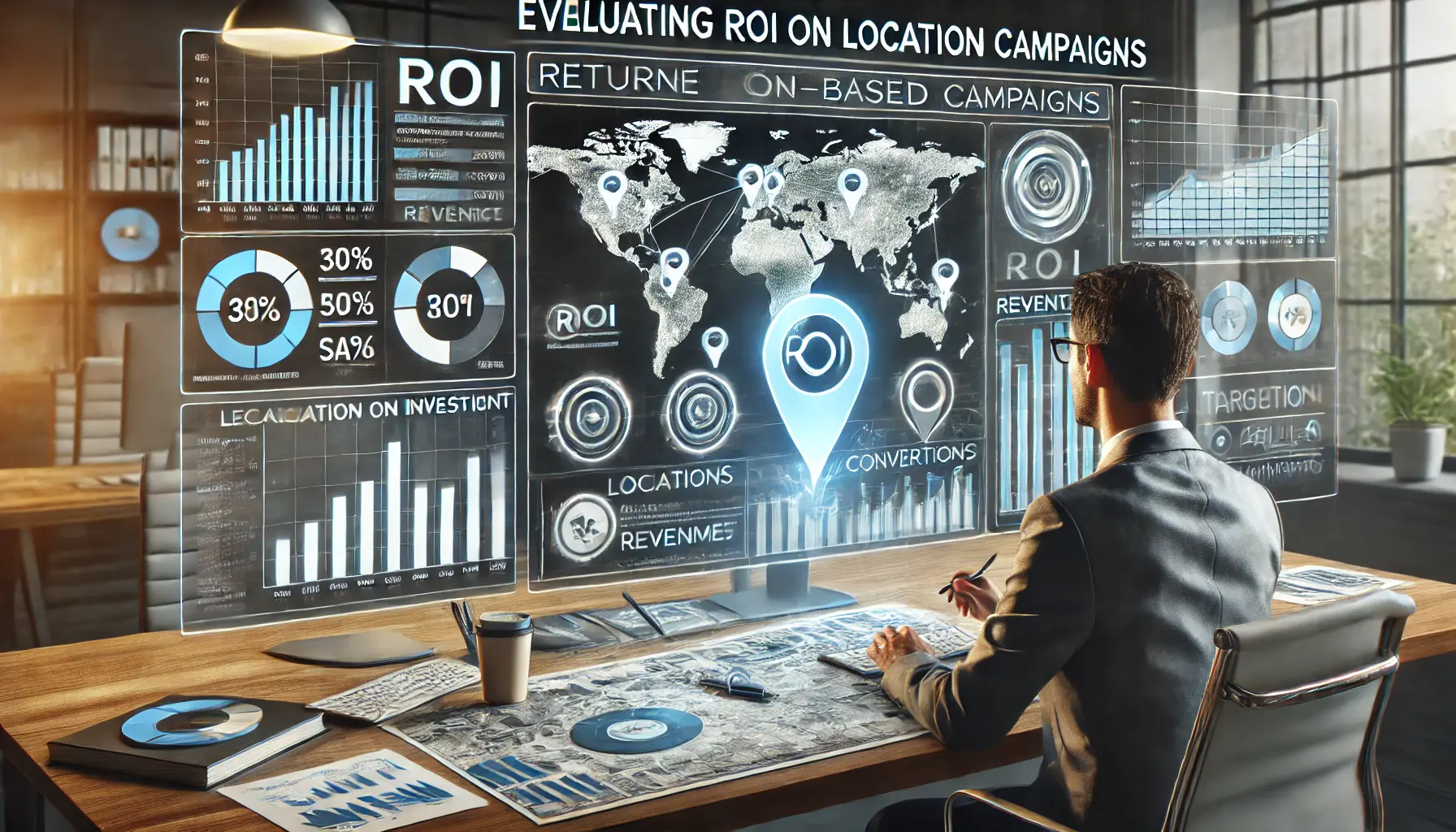 A digital marketer reviewing a dashboard with ROI metrics, conversion rates, and location-based performance data on a computer screen.