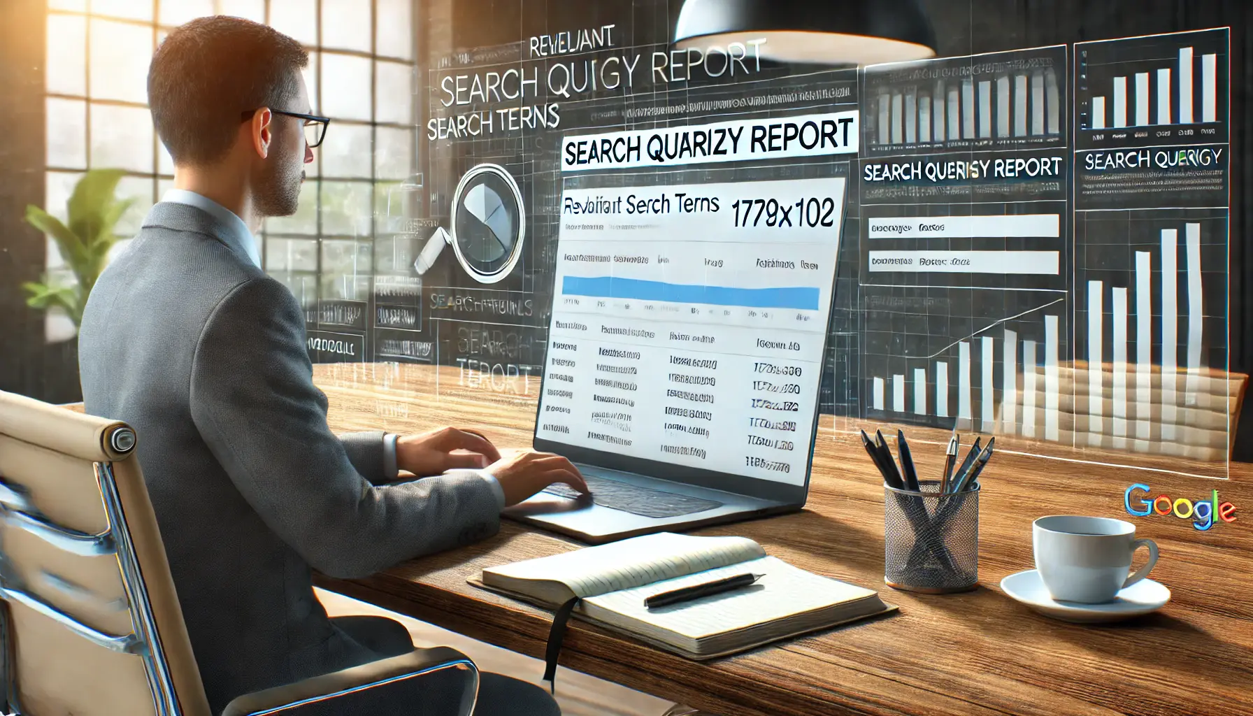 A digital marketer analyzing a search query report on a laptop, with relevant search terms and performance data displayed, and tools like a notebook, pen, and coffee cup on the desk in a modern office setting.