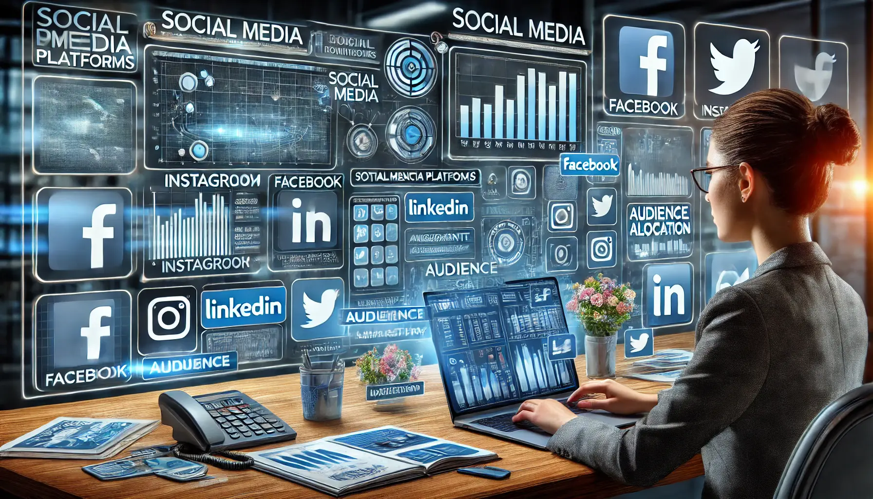 A digital illustration of a high-tech workspace with multiple digital screens displaying data comparisons for Facebook, Instagram, LinkedIn, and Twitter. A marketing professional is analyzing engagement metrics, audience demographics, and performance charts.