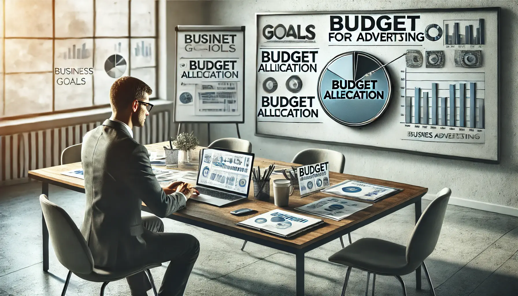 A business professional analyzing financial reports and marketing plans at a modern desk, with charts and diagrams highlighting business goals and budget allocation.