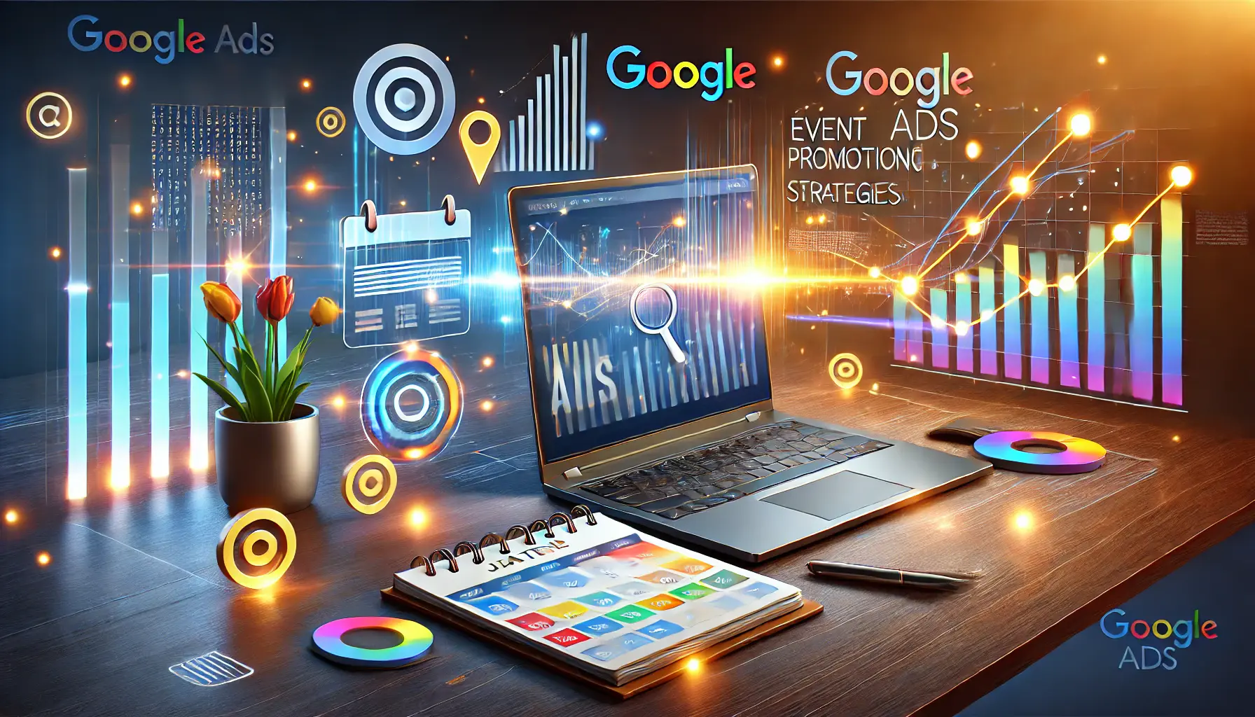 A modern digital marketing setup showcasing event promotion strategies with a laptop displaying analytics, a marked calendar, and Google Ads icons.