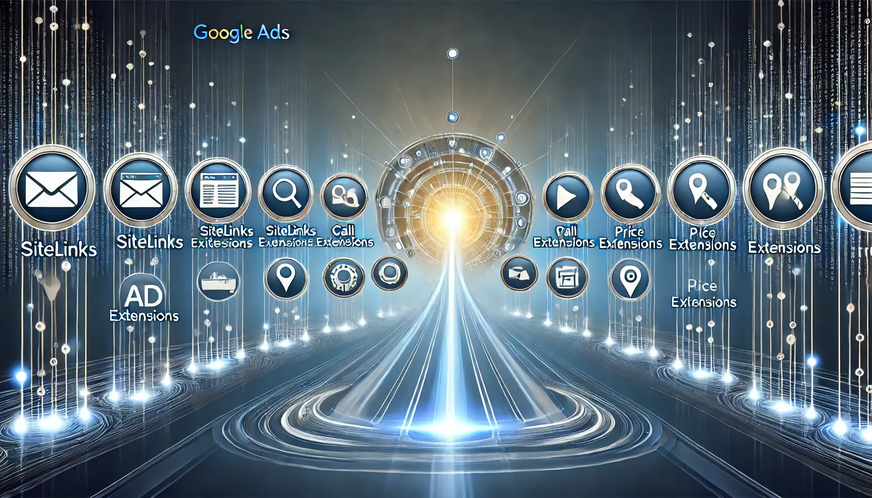 A timeline-like illustration showing the evolution of Google Ads extensions with icons representing sitelinks, call extensions, and price extensions.