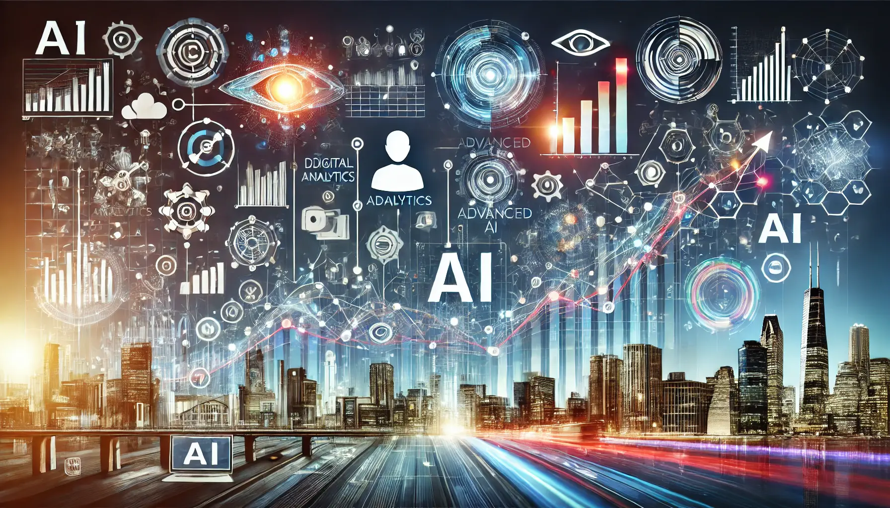 Illustration depicting the evolution of AI in digital advertising, transitioning from basic analytics tools to advanced AI technologies with abstract visuals.