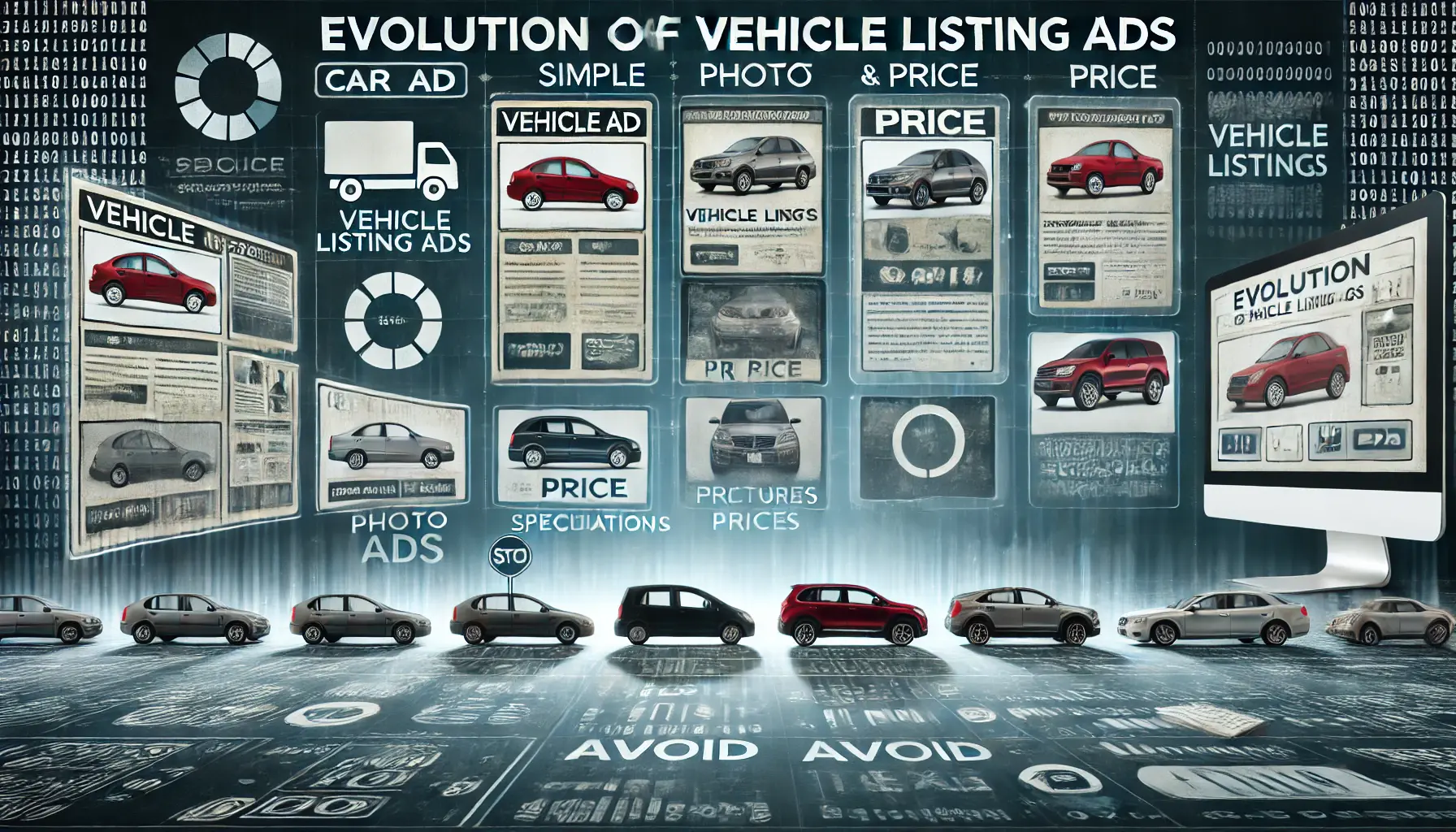 A visual representation of the evolution of vehicle ads, showing a transition from basic to advanced digital listings.