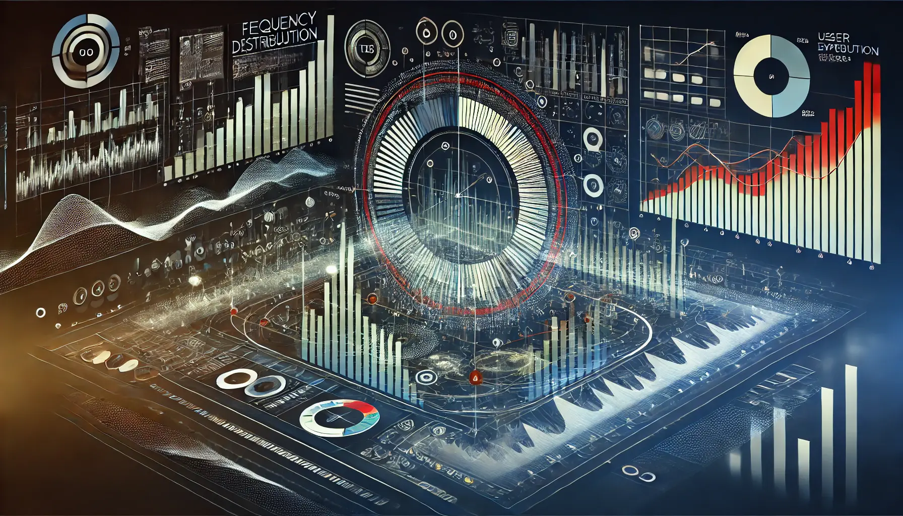 Abstract image with overlapping graphs and data points visualizing user exposure across frequency levels in digital advertising.