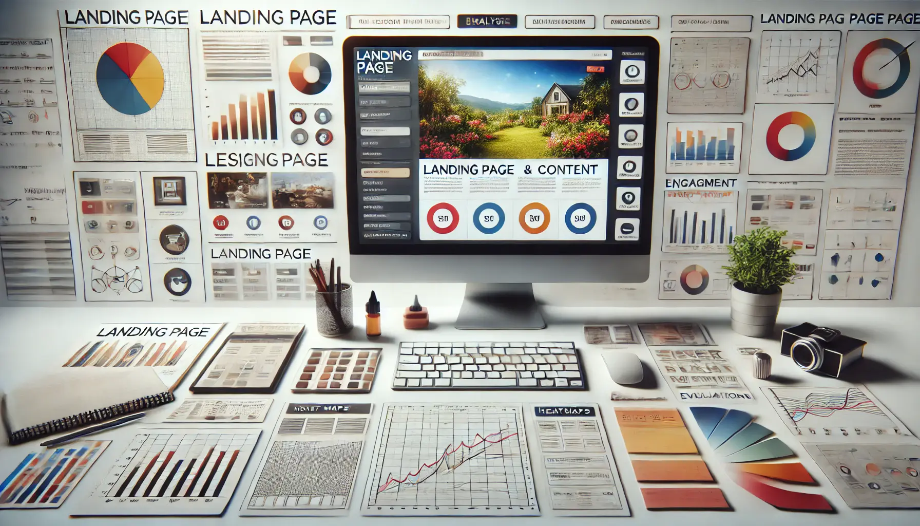 A professional workspace featuring a computer screen displaying a landing page layout with images, headlines, and CTAs, surrounded by design tools like grids, color swatches, and user flow diagrams.