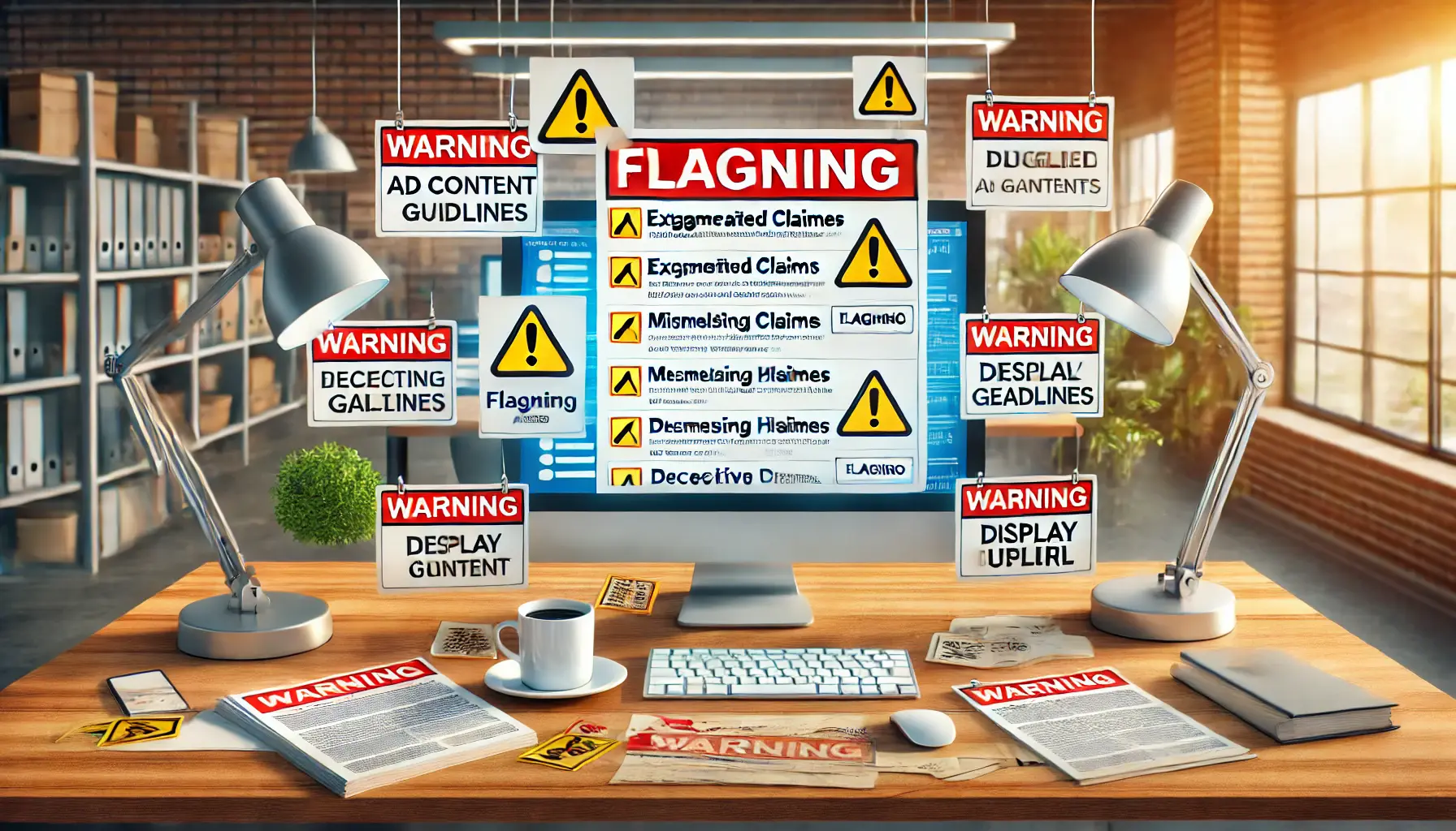 A digital workspace with a computer displaying a flagged ad with exaggerated claims, misleading headline, and deceptive display URL, surrounded by warning symbols and documents.