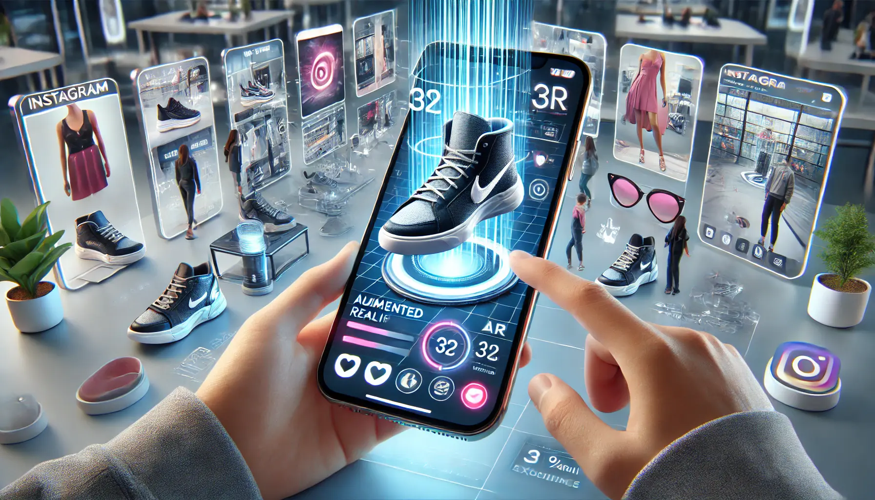 A digital marketing concept showcasing a smartphone screen with AR-powered brand experiences, including virtual makeup try-ons, sneaker visualizations, and interactive product demonstrations.