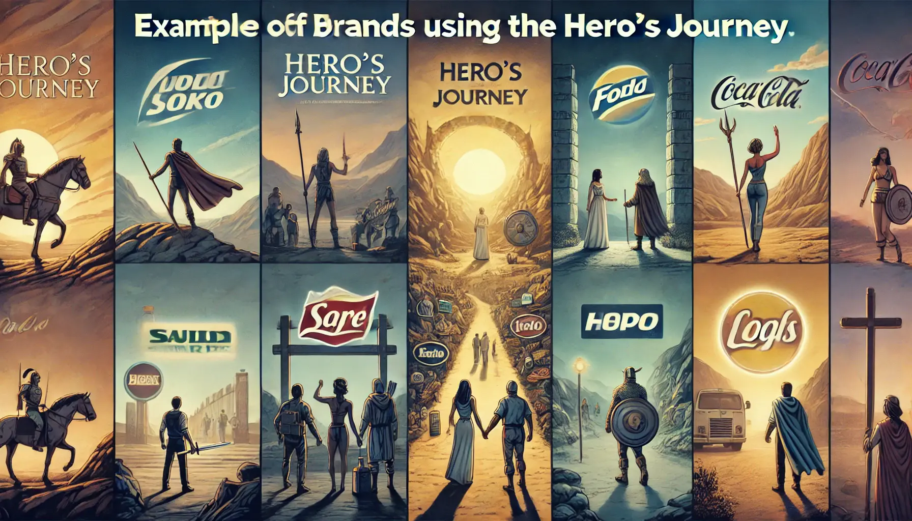 A diverse group of individuals facing challenges, with products and services acting as mentors in their Hero's Journey, symbolizing brand guidance and transformation.