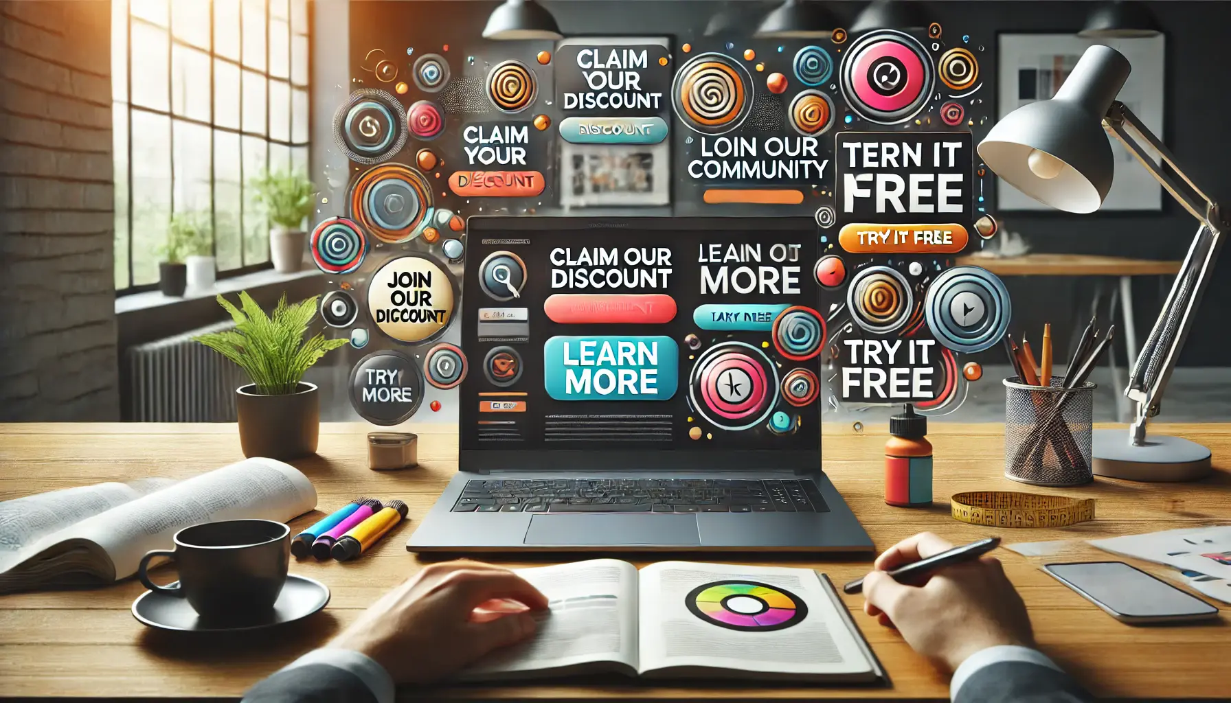 A laptop screen showcasing a variety of call-to-action button designs in a professional workspace, highlighting effective CTA examples.