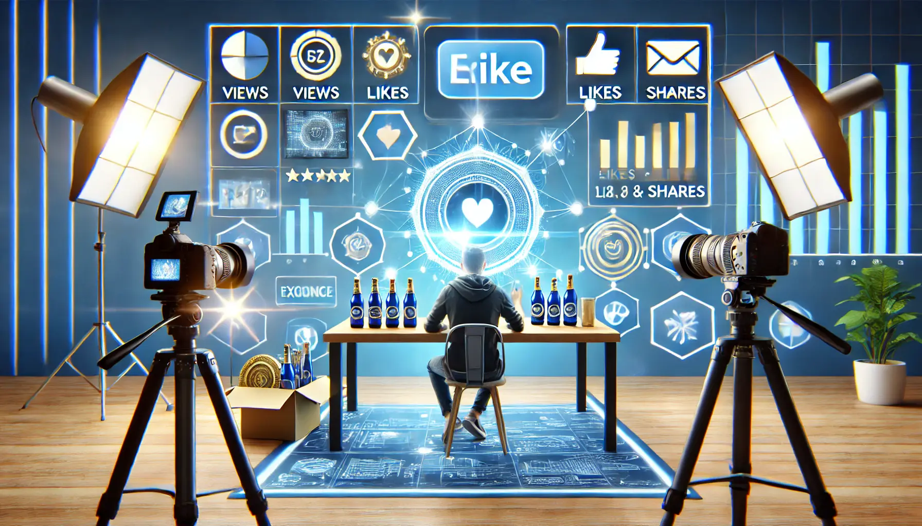 Image showing a social media influencer recording a video with branded products in a professional studio setting, surrounded by digital analytics.