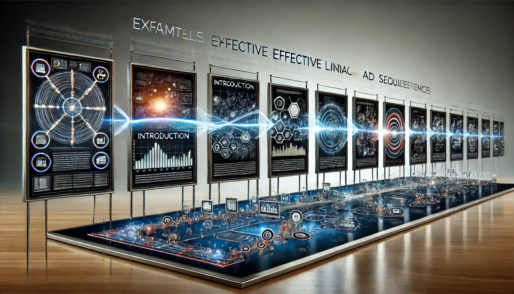 A visual representation of effective linear ad sequences, showing interconnected digital screens displaying the progression of a product journey.