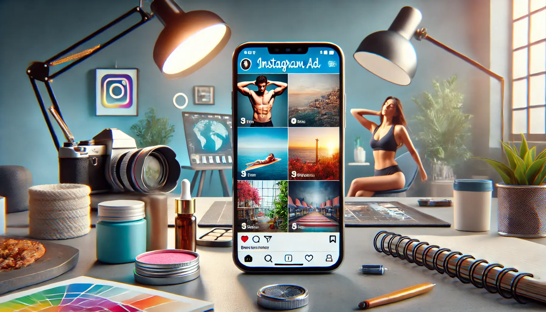 A smartphone displaying a vibrant carousel ad with examples like fitness, travel, and skincare, surrounded by a professional workspace with creative tools and props.