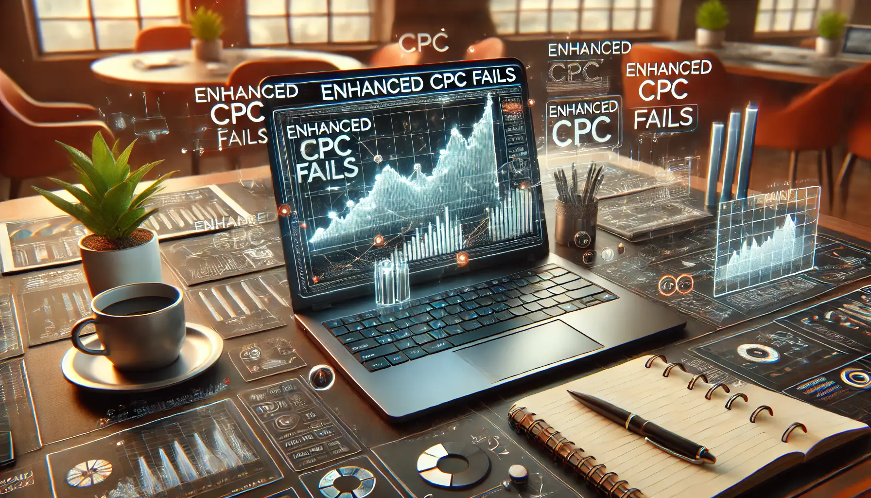 A digital marketing workspace with a laptop showing a graph of erratic data and performance issues, symbolizing the failure of Enhanced CPC.