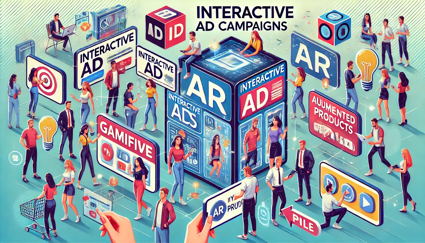 An illustration showcasing various successful interactive ad campaigns, featuring users engaging with gamified ads, augmented reality product placements, and interactive polls.