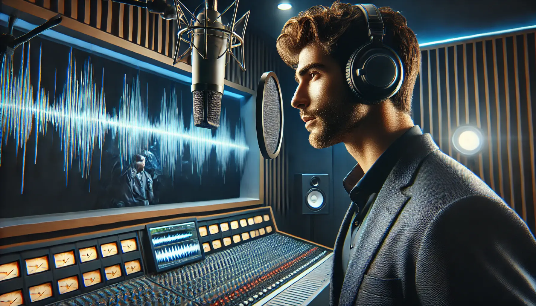 A professional voiceover artist recording in a modern booth, with a large screen showing audio waveforms and ad footage in the background.