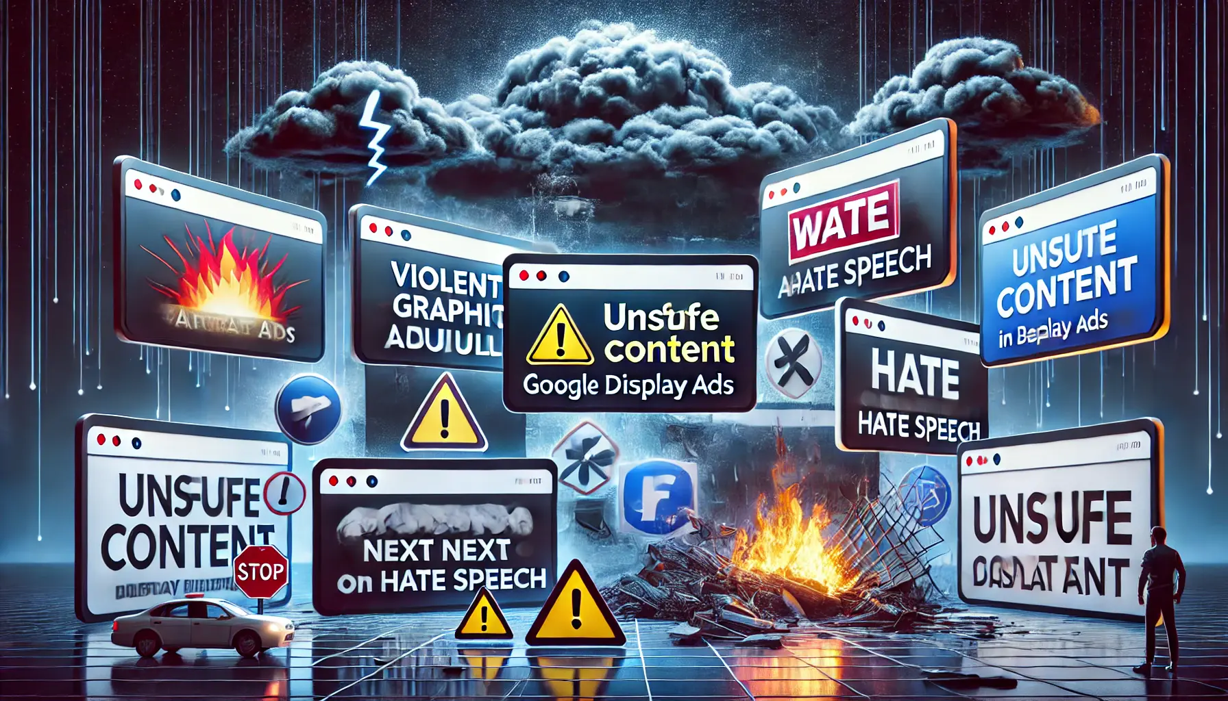 An image illustrating unsafe content in Google Display Ads, showing ads placed next to inappropriate content like violence, adult material, and hate speech.