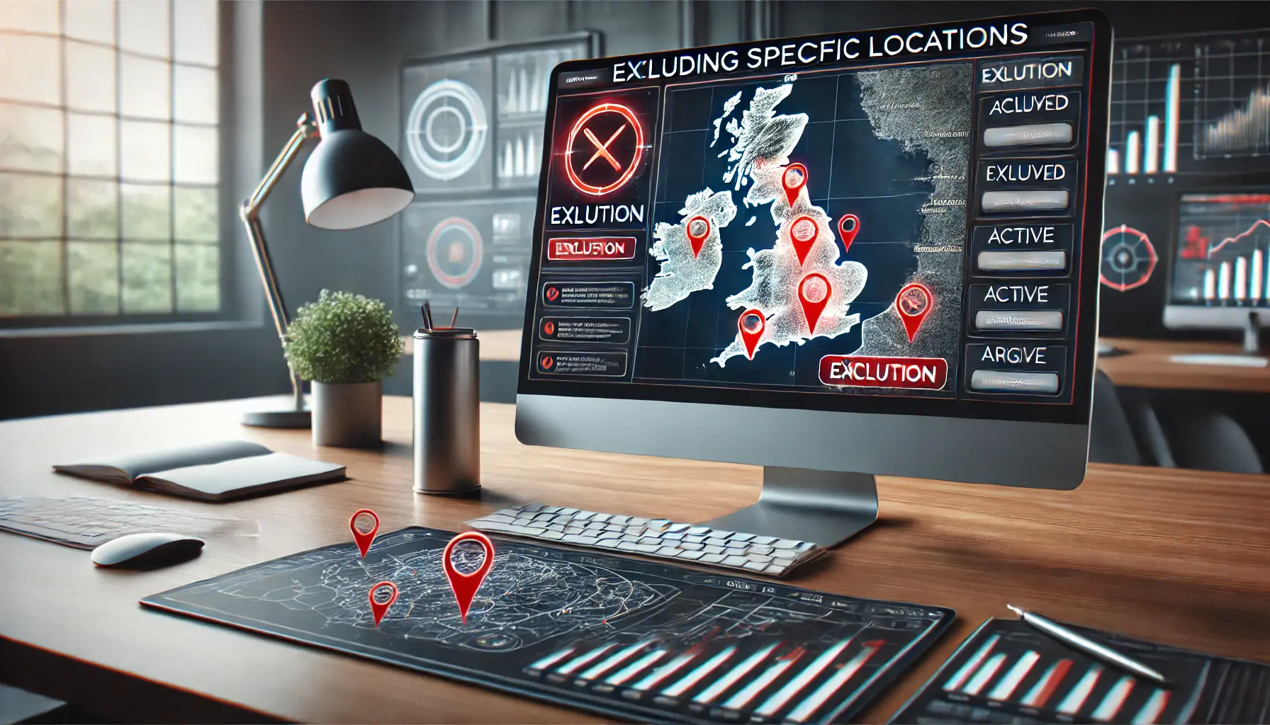A computer screen displaying a map with red-highlighted excluded zones and active target areas, along with exclusion tools for precision ad targeting.