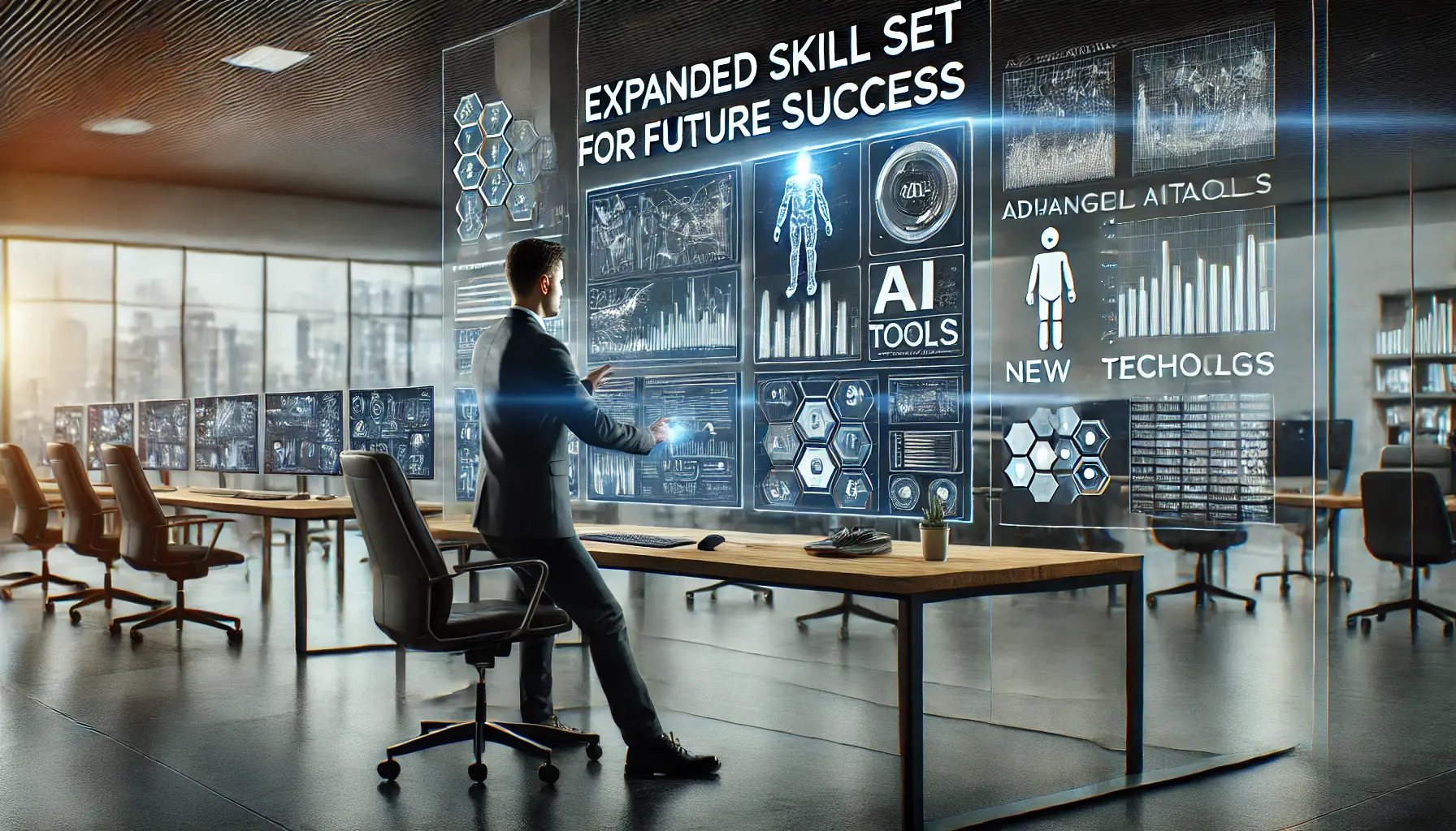 A professional in a modern office working with multiple screens displaying advanced analytics, AI tools, and new marketing technologies, reflecting the expanded skill set needed for future success.