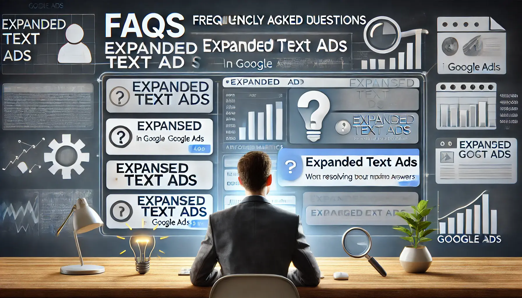 A digital marketer reviewing a dashboard with FAQs about Expanded Text Ads, surrounded by inquiry and learning icons.