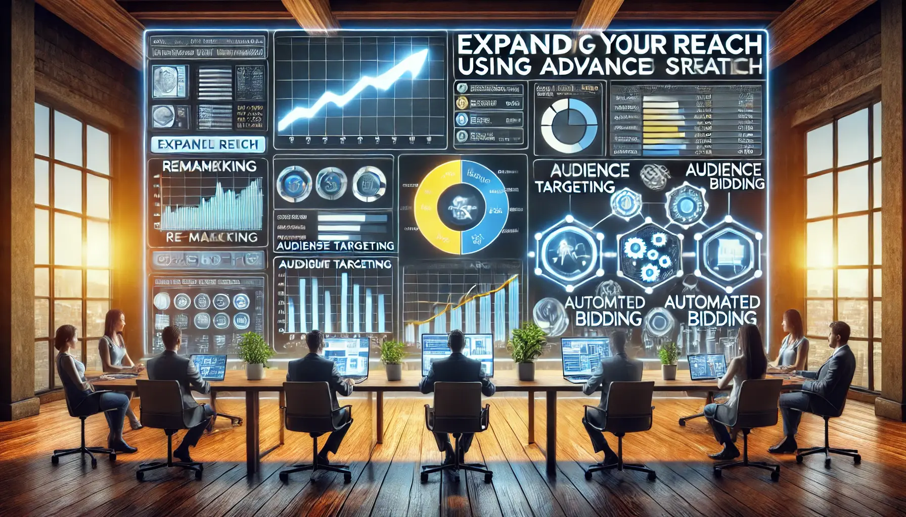 A marketer analyzing a digital dashboard displaying advanced digital marketing tools like remarketing, audience targeting, and automated bidding.