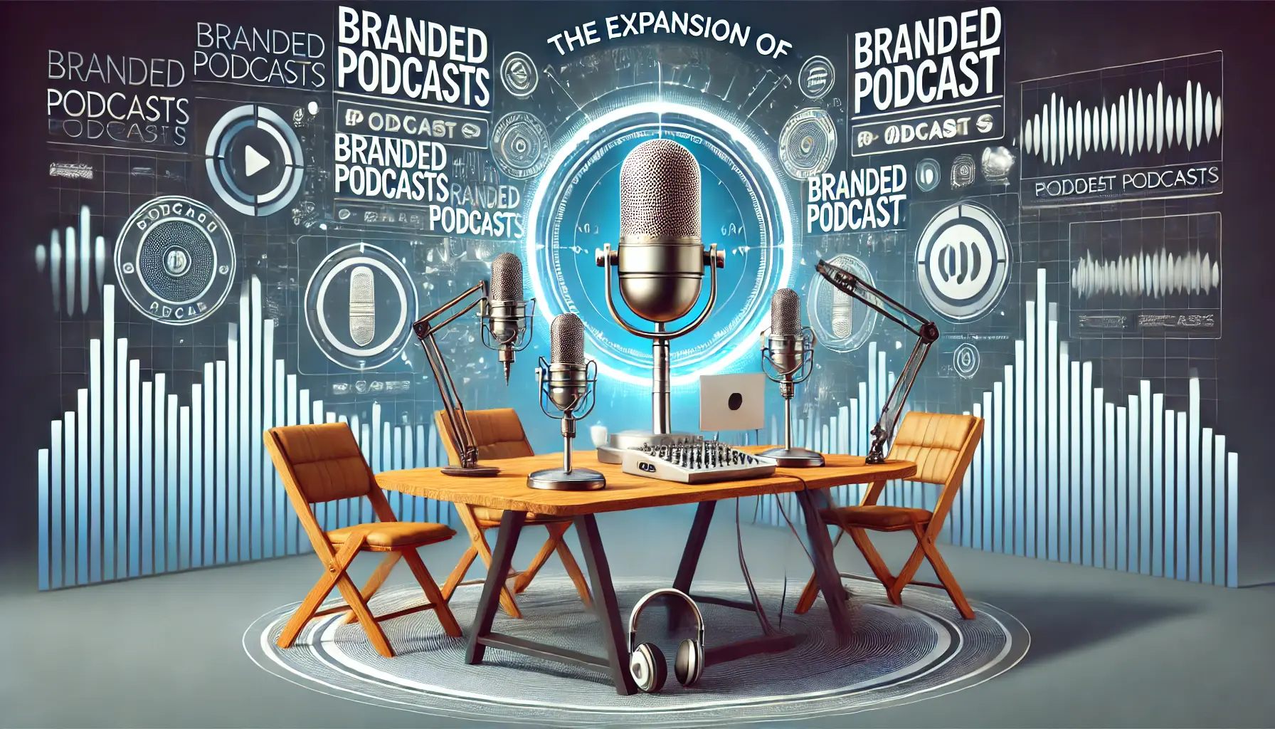 A digital illustration of a modern podcast studio setup with microphones, headphones, and branded podcast imagery surrounding the space, symbolizing the growth of branded podcasts.