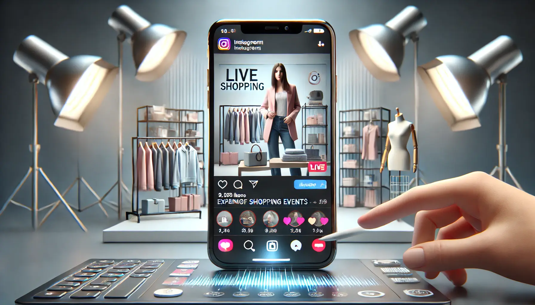 A smartphone displaying a live shopping event on Instagram with a host showcasing products to an engaged audience, featuring product tags and interaction elements.