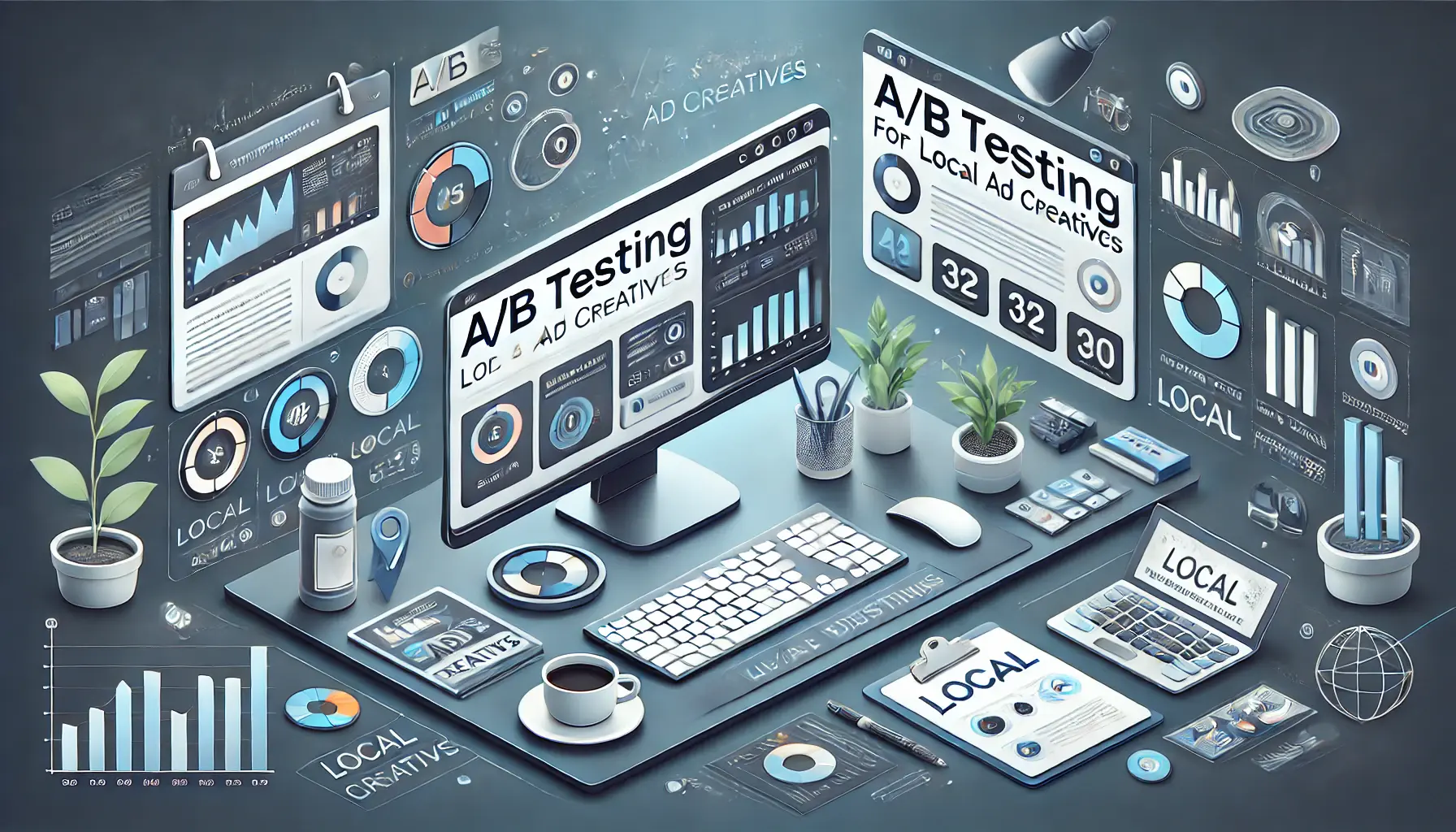 A workspace with two monitors displaying different versions of an ad creative, surrounded by performance metrics like conversion rates and user engagement graphs.