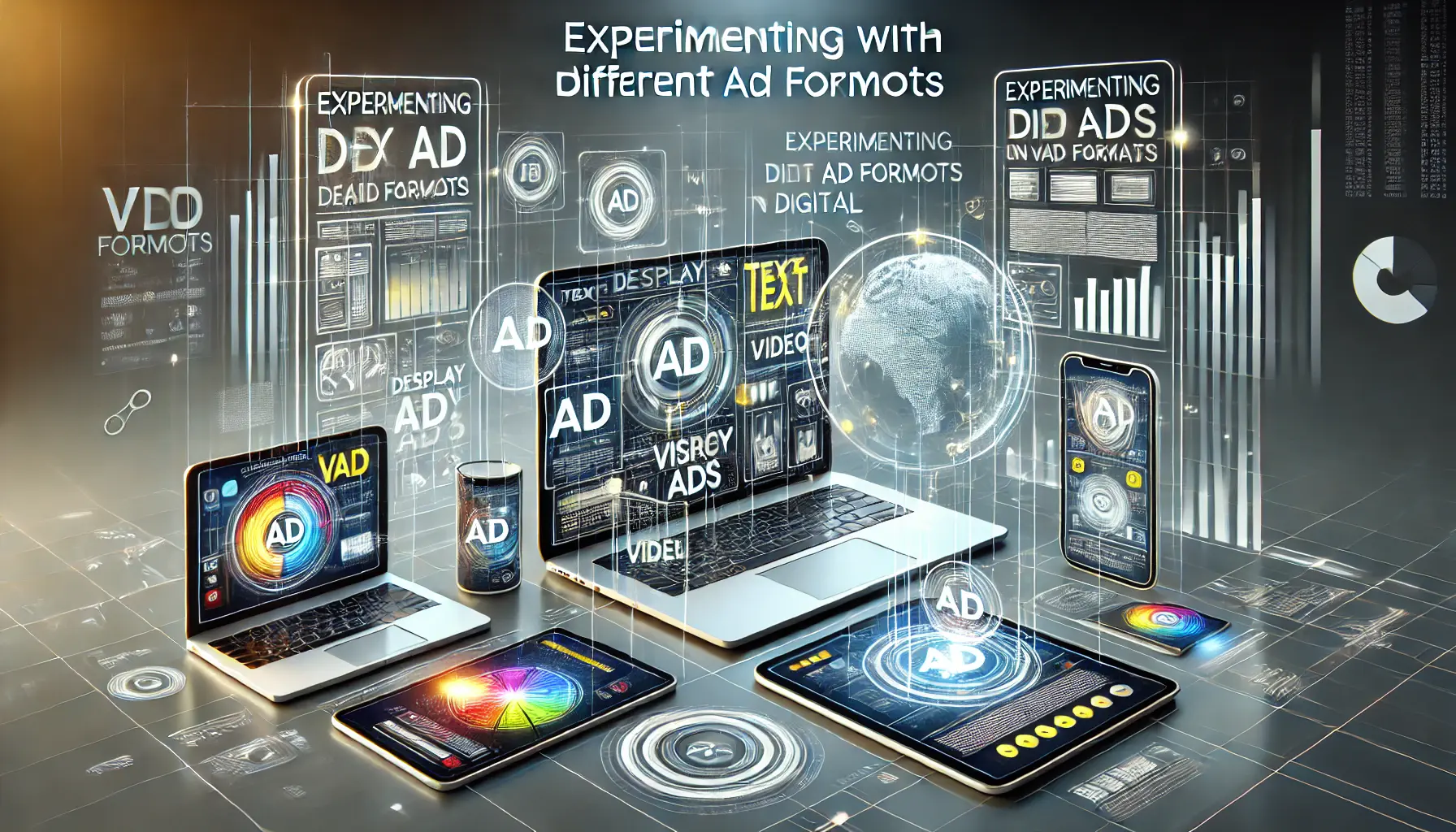 Visualization of experimenting with various ad formats like text, display, video, and interactive ads on digital devices.