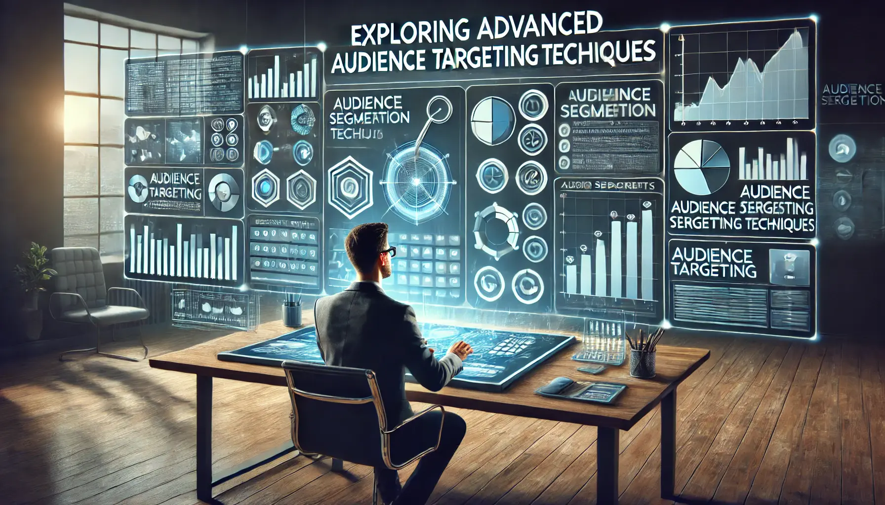 Marketer working with a digital dashboard displaying audience segmentation tools and analytics with data visualizations and graphs.