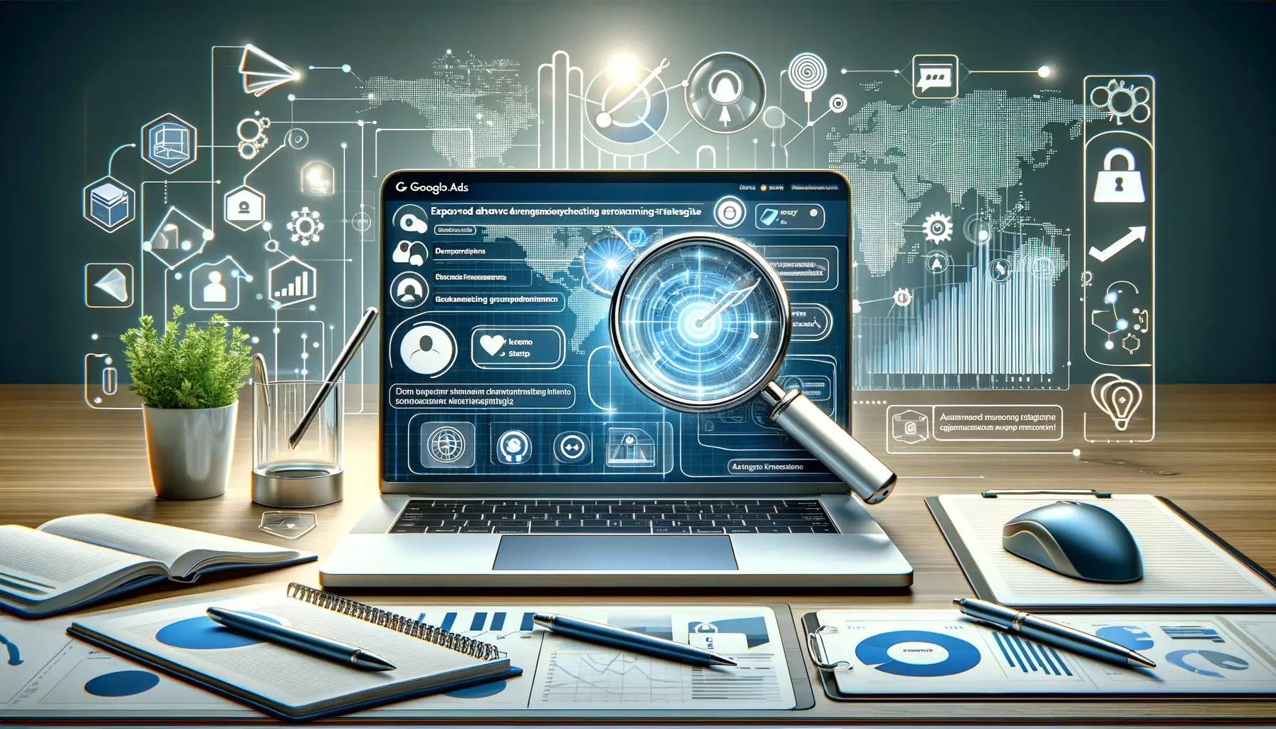 A workspace with a laptop displaying an advanced Google Ads interface, surrounded by graphs, icons for automation, and a magnifying glass symbolizing exploration.