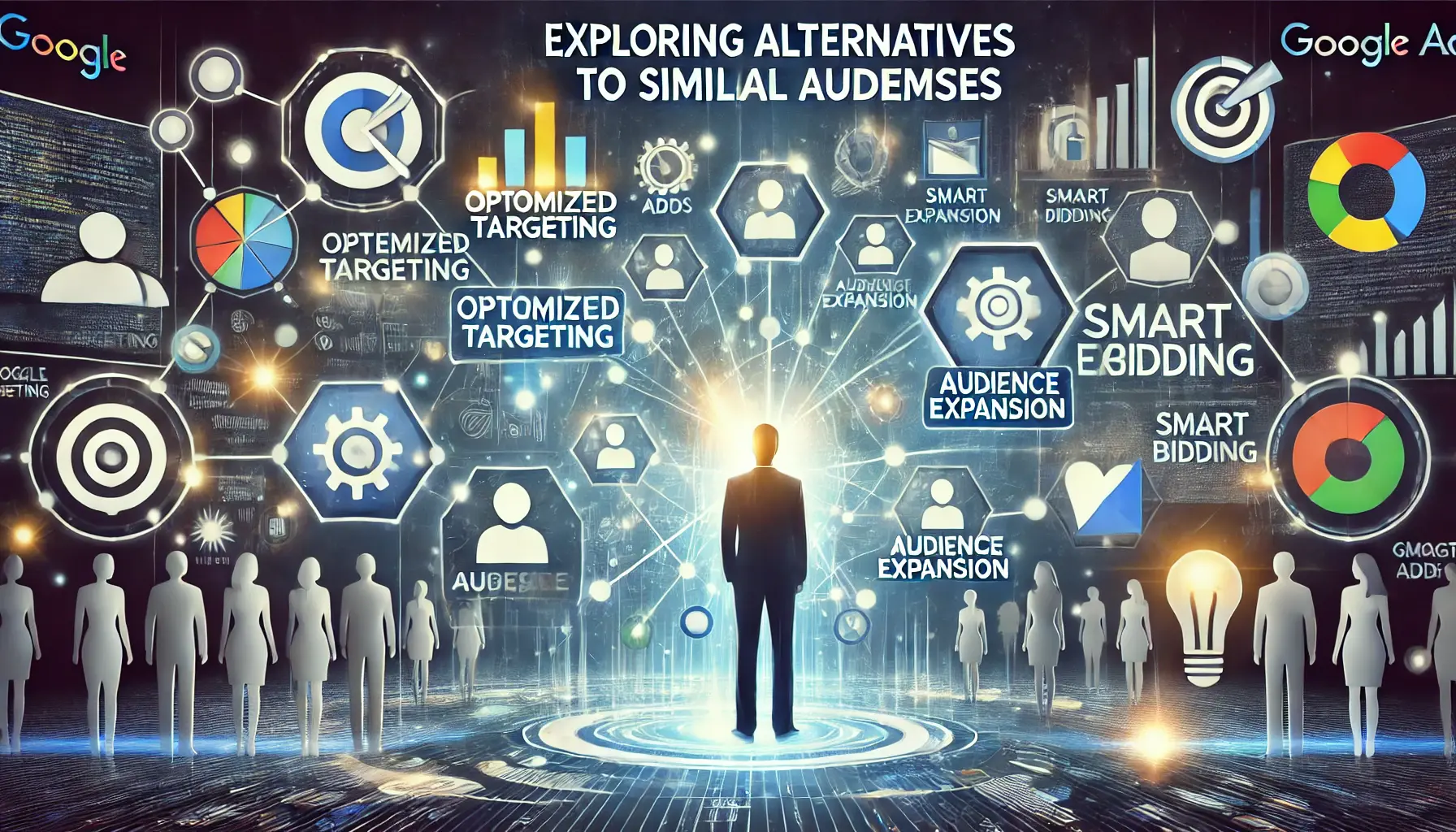 An image representing alternatives to Similar Audiences in Google Ads with icons for optimized targeting, audience expansion, and smart bidding.