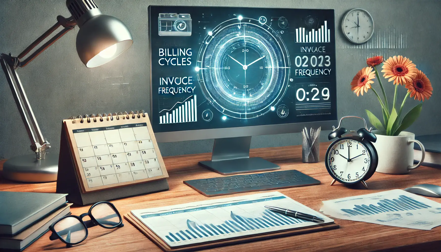 A workspace featuring a desktop screen with a calendar and billing dashboard, along with a clock, notepad, and pen, representing the concept of managing billing cycles and invoice frequency.