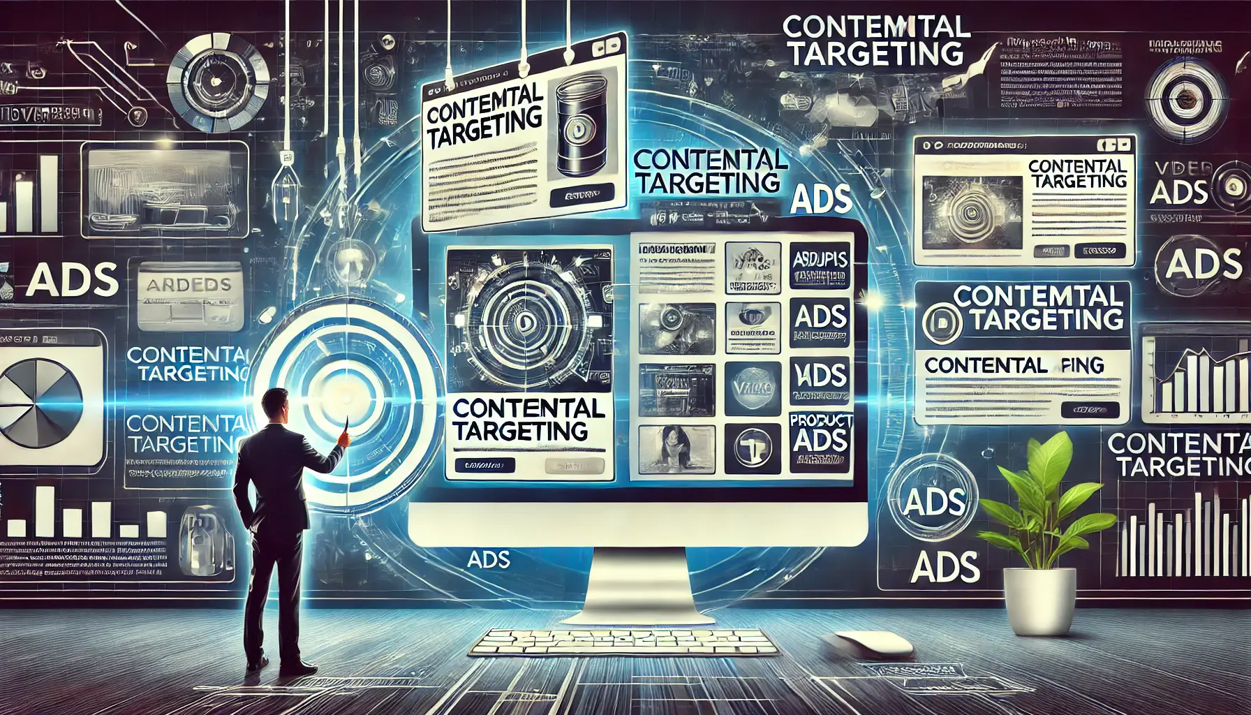 Digital artwork showing a marketer reviewing a computer screen with various content types like articles, videos, and product pages, with relevant ads displayed alongside.