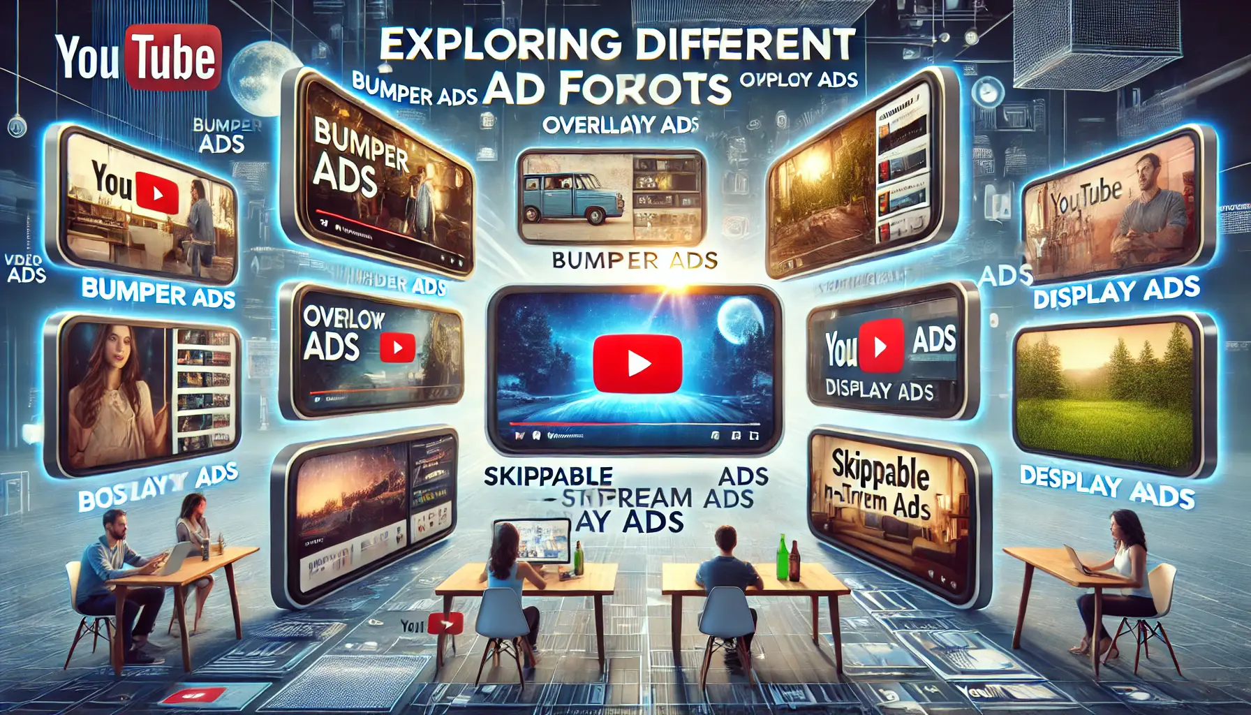 A visual representation of different YouTube ad formats, such as bumper ads, overlay ads, display ads, and skippable in-stream ads, within a video player.