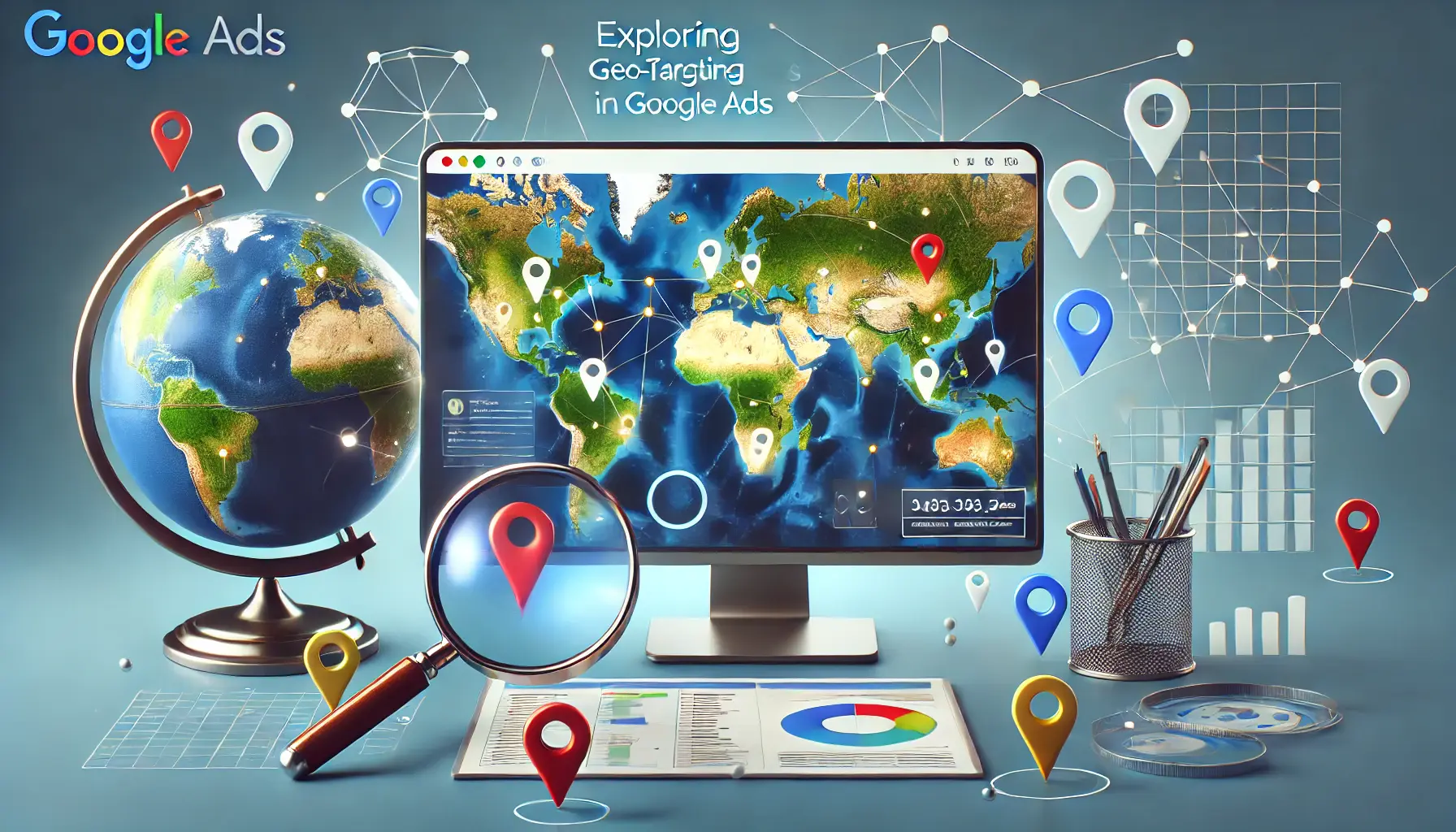 A digital map on a screen with highlighted regions, markers, and analytics data, surrounded by elements like a globe and location pins, symbolizing geo-targeting in advertising.