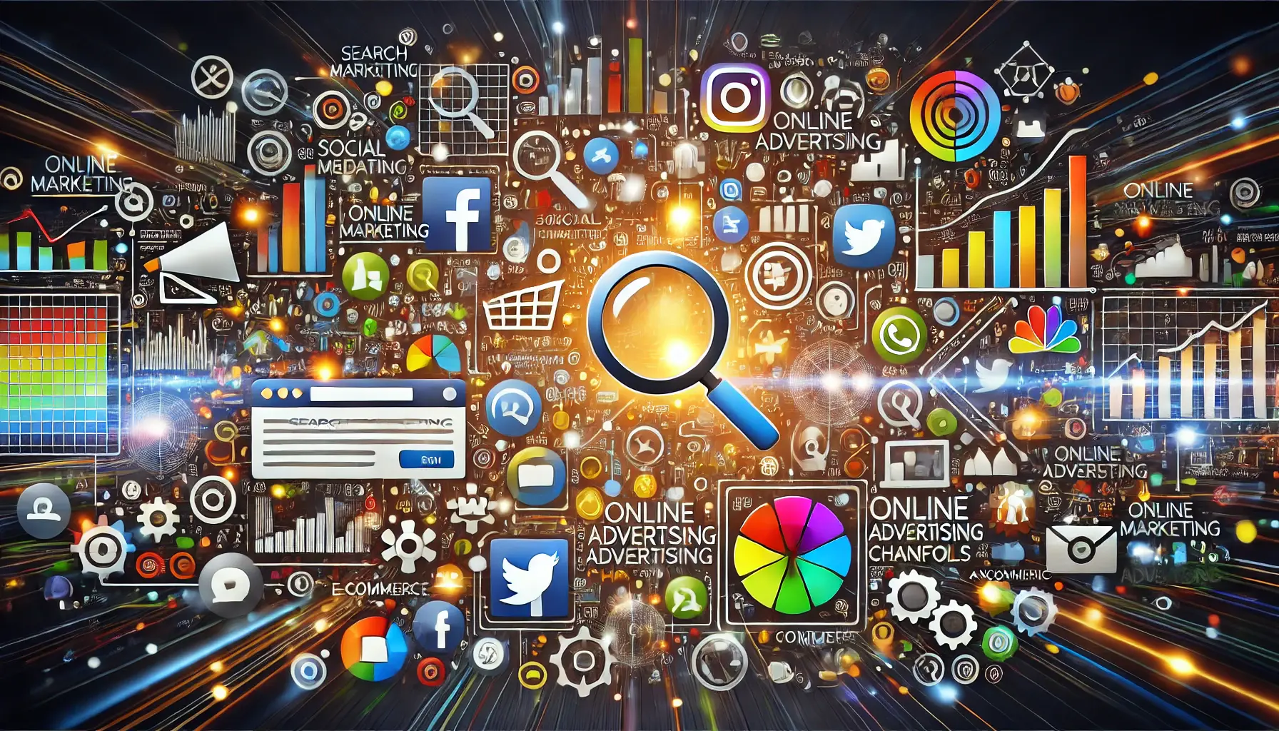 An abstract digital marketing image showcasing interconnected icons for online advertising platforms, including search bars, social media, e-commerce, and analytics, set on a dark background.