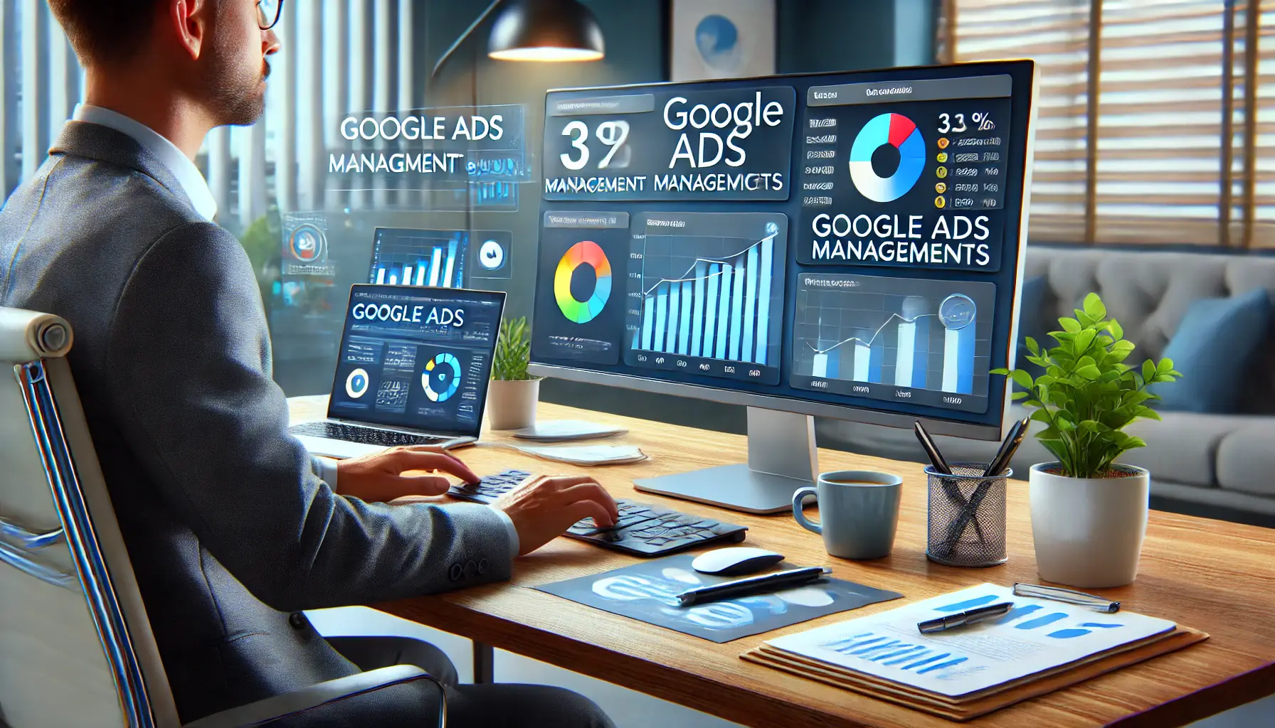 A business professional analyzing digital marketing data on a computer screen with charts and metrics, symbolizing Google Ads Management Services.