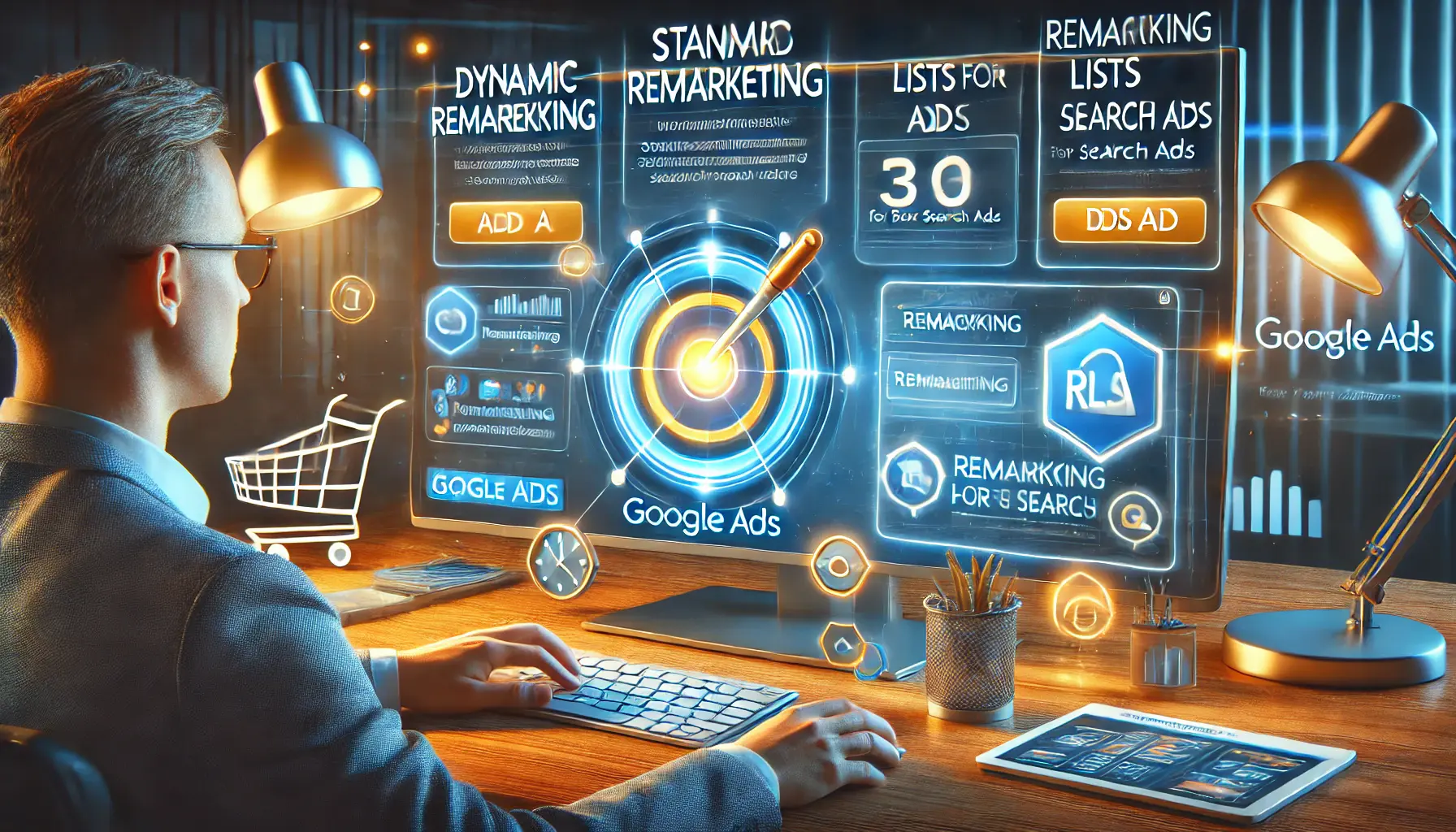 A marketer analyzing a digital dashboard showcasing various Google Ads remarketing strategies like dynamic remarketing, standard remarketing, and RLSA.