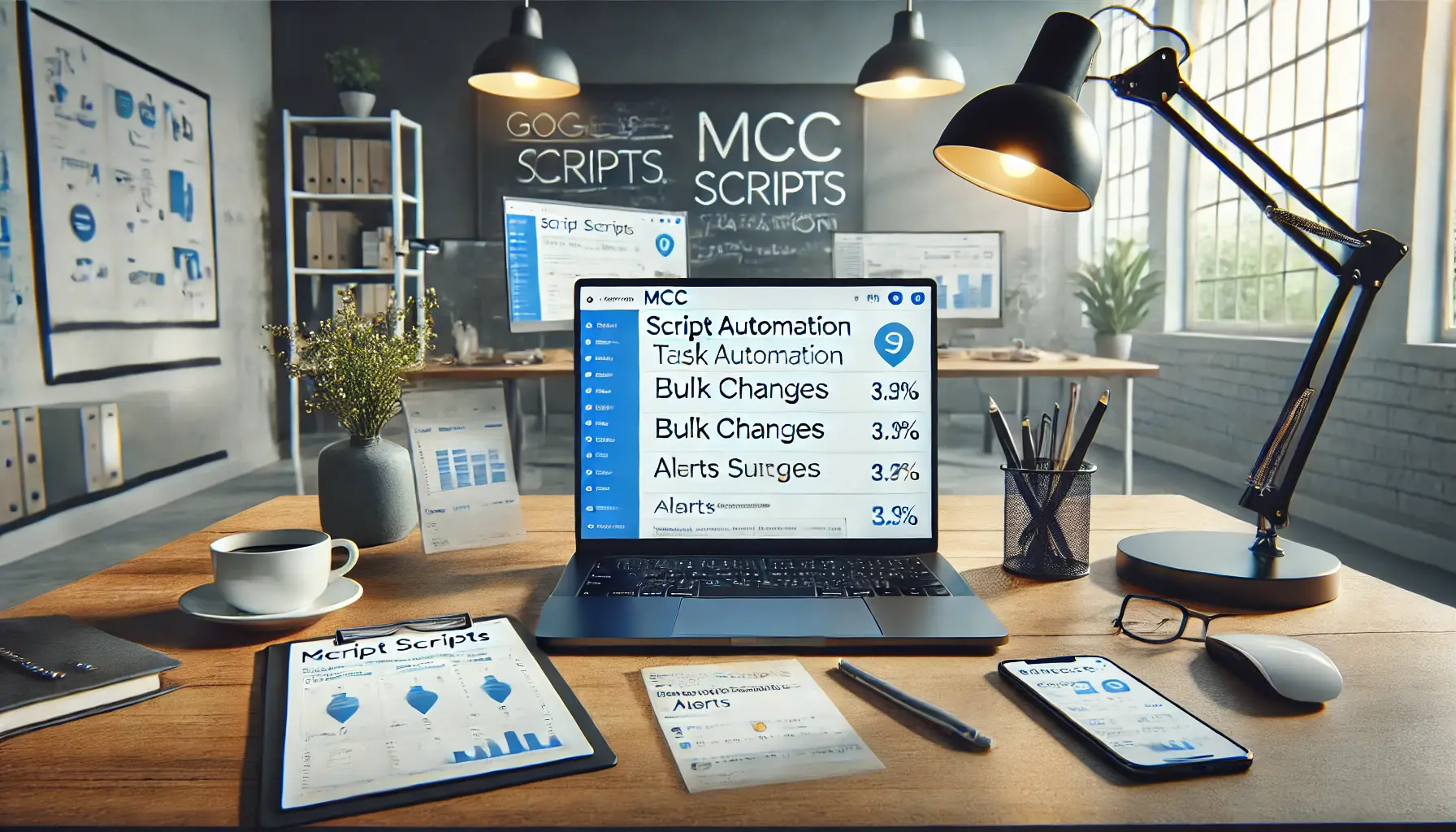 A workspace with a laptop displaying MCC scripts automation interface, alongside devices showing logs and notifications.