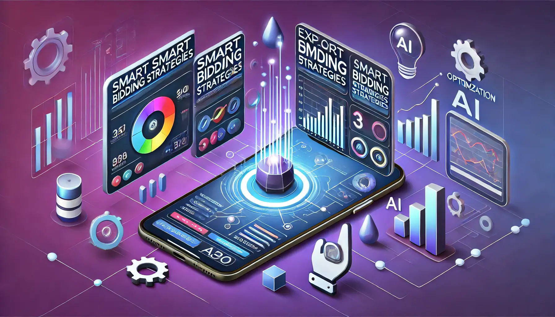 An image illustrating smart bidding strategies with a computer screen showing performance graphs and optimization icons.