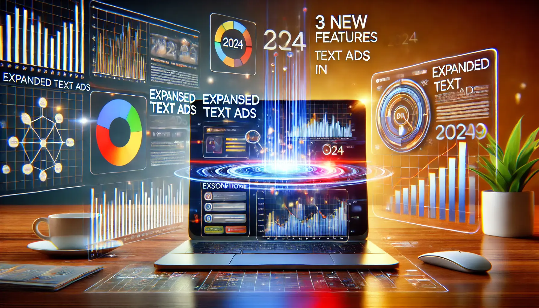 A digital marketing workspace showcasing the new features of Expanded Text Ads with interactive elements and AI-driven analytics.