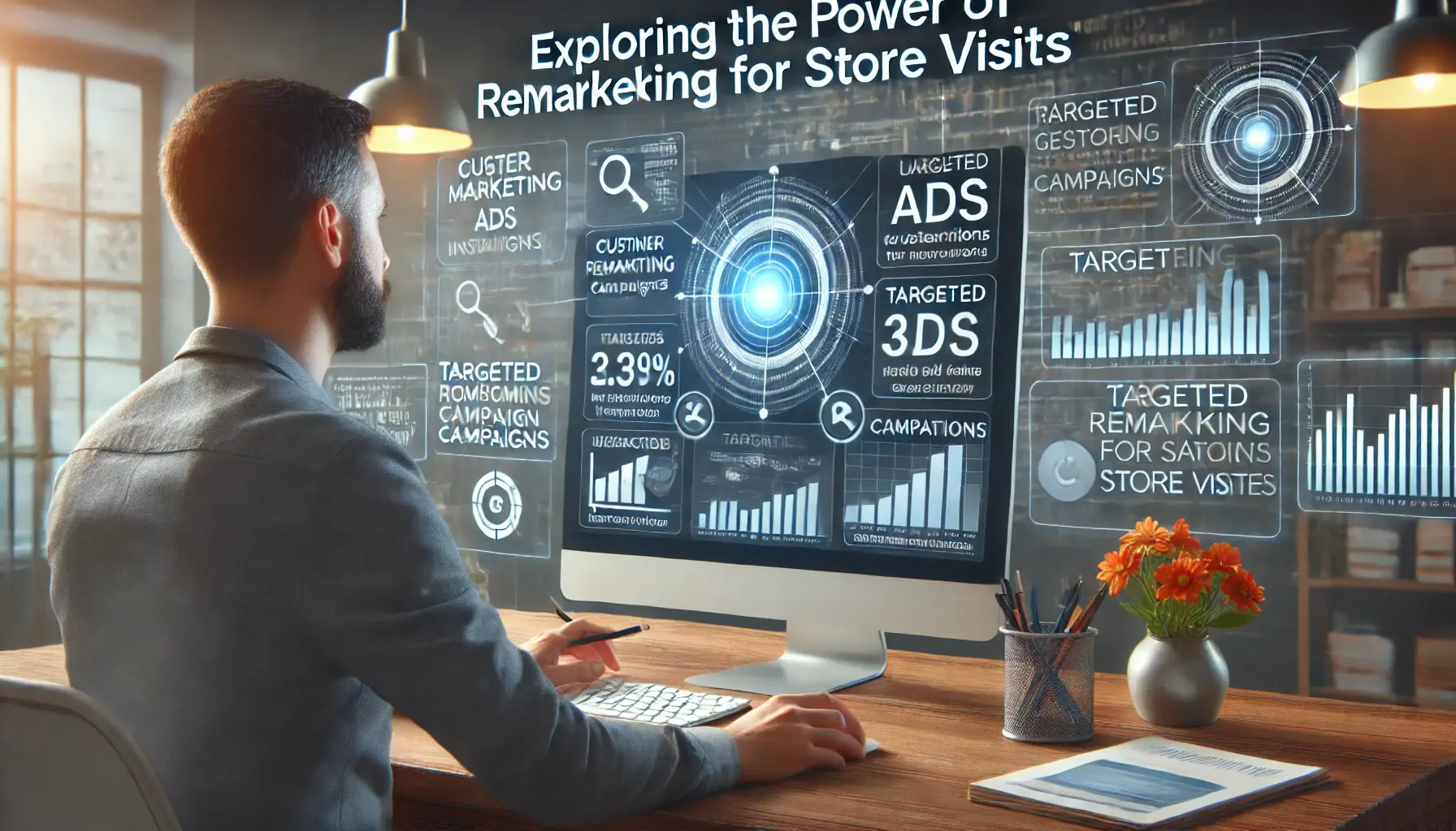 Digital marketing professional analyzing remarketing campaign results on a screen showing user interactions and targeted ads.