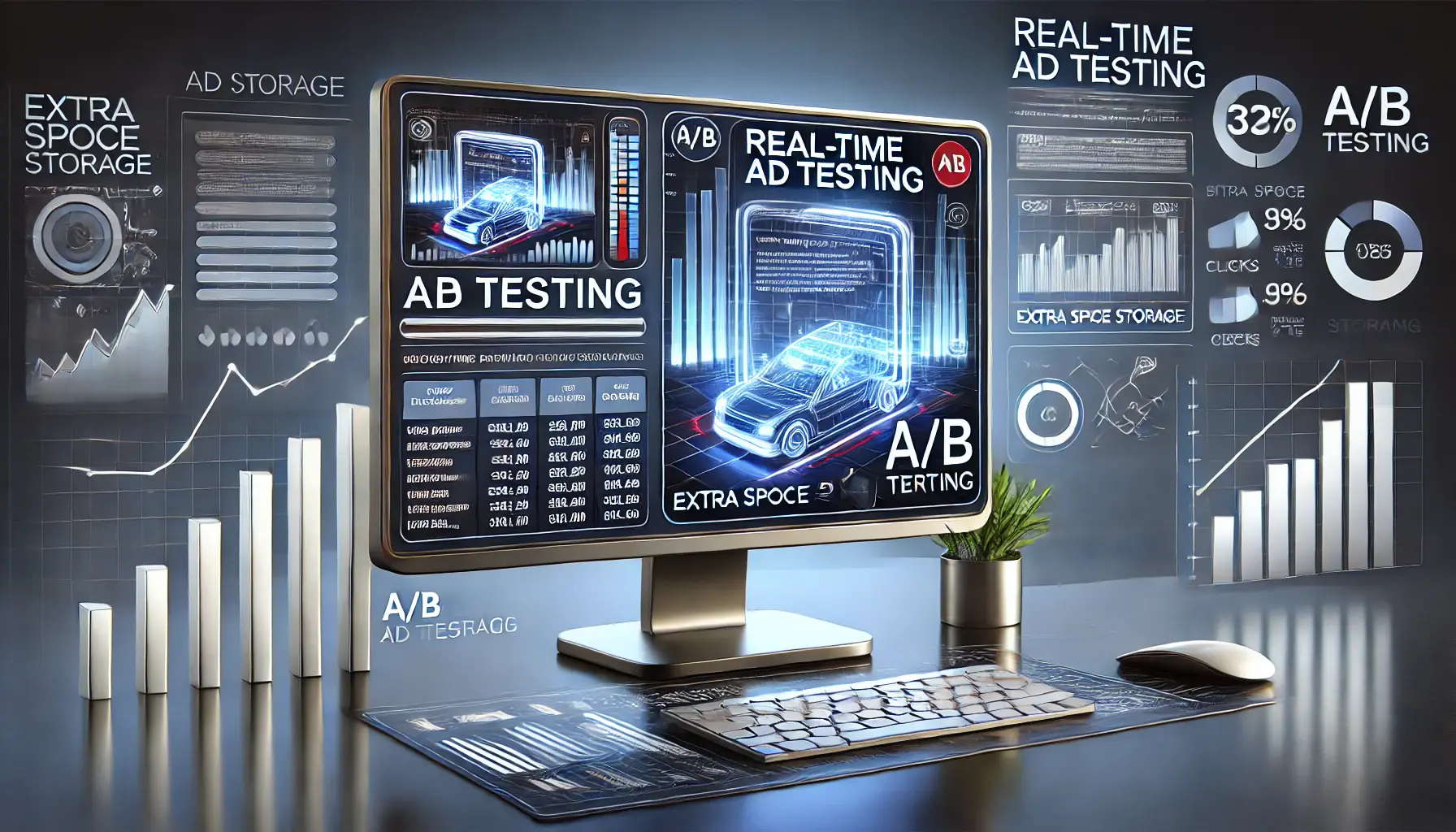 An illustration showing real-time ad testing for Extra Space Storage with split display of two ad variations, performance metrics, and A/B testing elements.